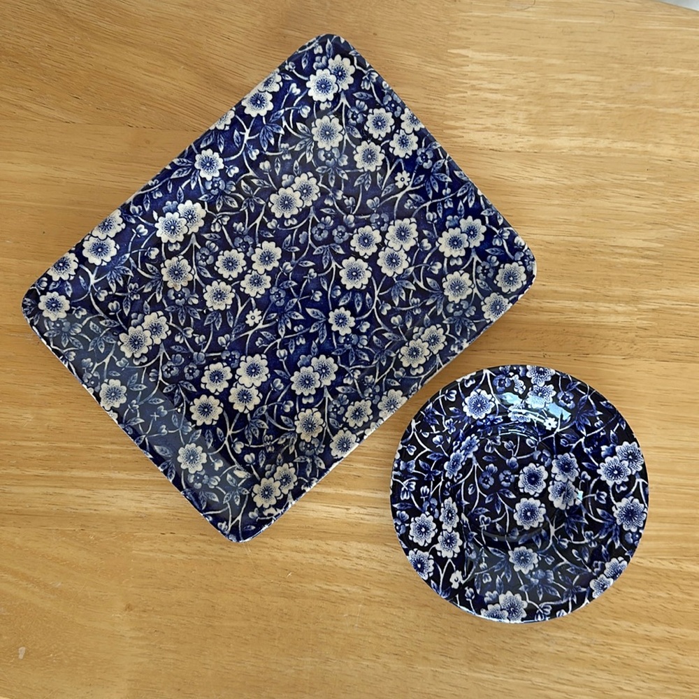 Royal Crownford Blue Calico China Tray and Similar Pattern Trinket Bowl